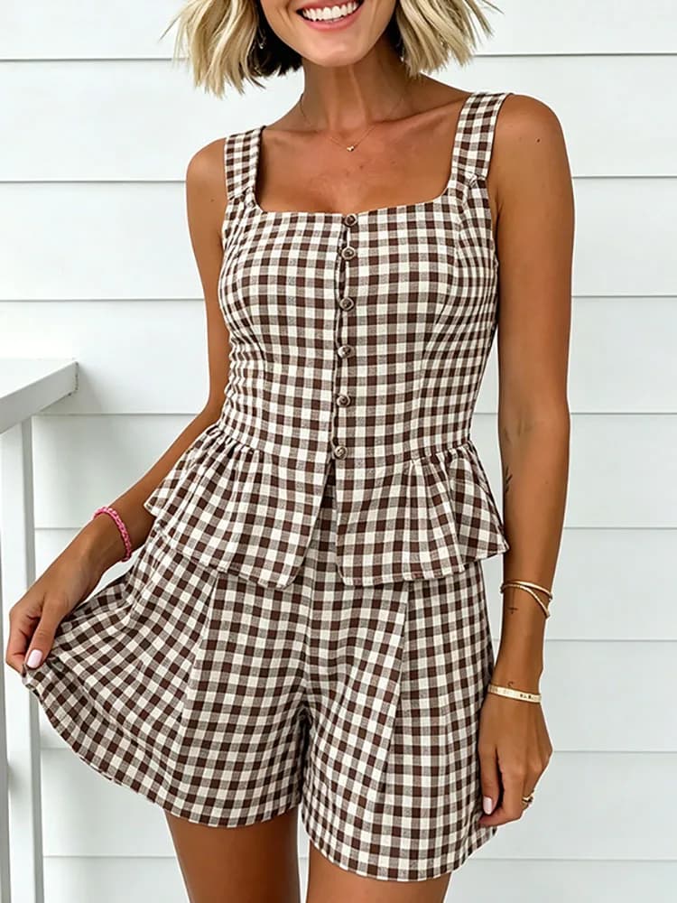 Spring Sexy Square Collar Button Sling Top Two Piece Suit Casual Plaid Print Slim Women Shorts Sets New Summer Sleeveless Outfit