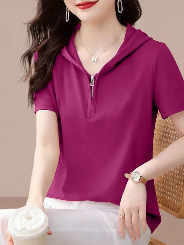 Loose Fit Cotton Blend Zipper T-Shirt Women's Short Sleeve Hoodie Breathable Comfortable Korean Style Casual Summer Top