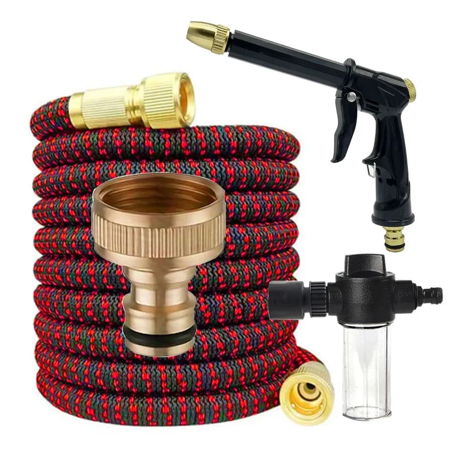 Expandable Garden Pipe with High Pressure Spray Gun and Schiumogeno Cannon - 7,5-30 Meters Flexible Tube with Brass Connectors for Auto