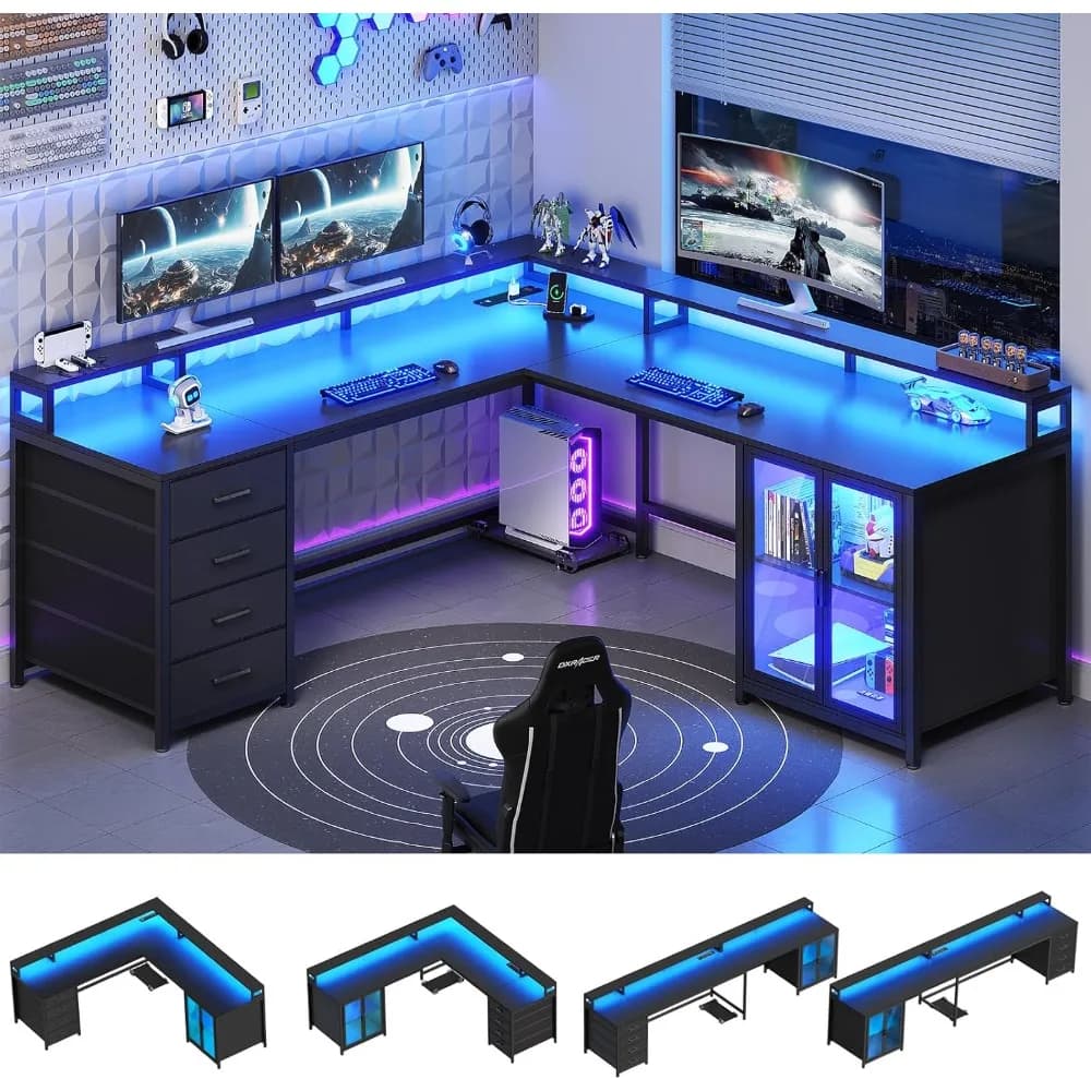 Scrivania da Gaming ForL con 4 Cassetti, Scrivania per Computer da 109 Pollici con Vetrina, Scrivanie per Ufficio Domestico con 2 Supporti per Monitor, Supporto CPU