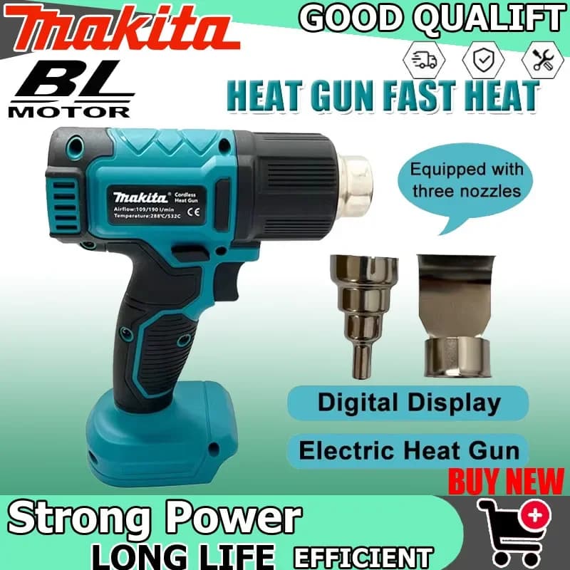 Pistola ad Aria Calda Elettrica Makita con Display Digitale, Senza Fili, 2 Ugelli, per Imballaggio Termoretraibile, Compatibile con Batteria 20V