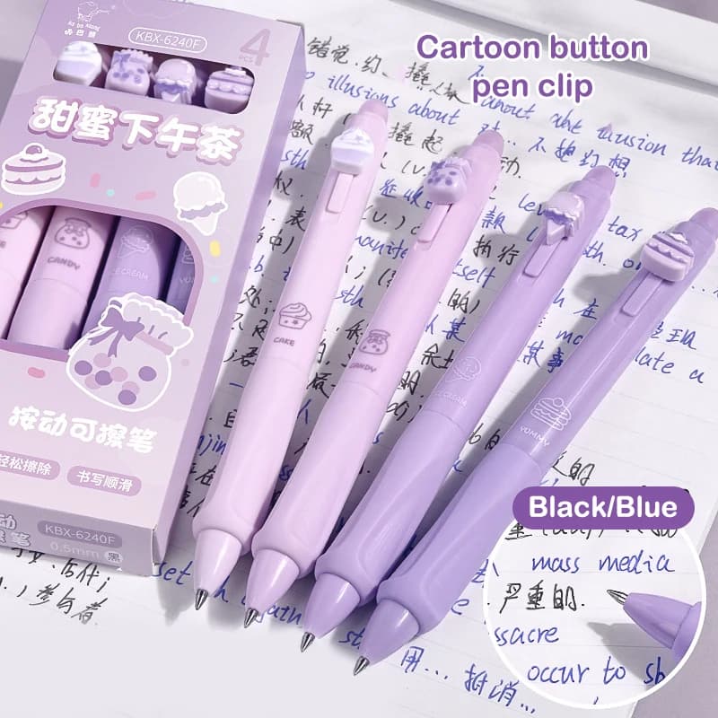Z. Set di 4 Penne Gel Cancellabili da 0,5mm con Design Cartoon, Penne Creative Estetiche con Gomma Termica, Inchiostro Nero e Blu, Articoli di Cancelleria per Scuola
