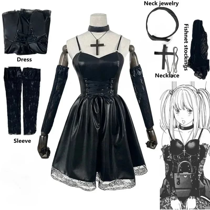 Abito cosplay anime giapponese da donna Misa Amane con finiture in pizzo, costume in stile gotico, abito sexy in similpelle per Halloween