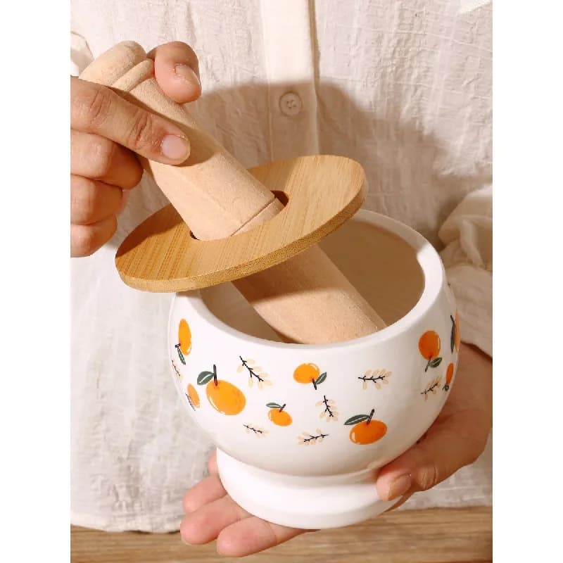 Ceramic Mortar and Wooden Pestle Set,Kitchen Mill Gadget for Spices,Herbs,Garlic,Pepper with Anti-Slip Base,Finest Grinding Tool