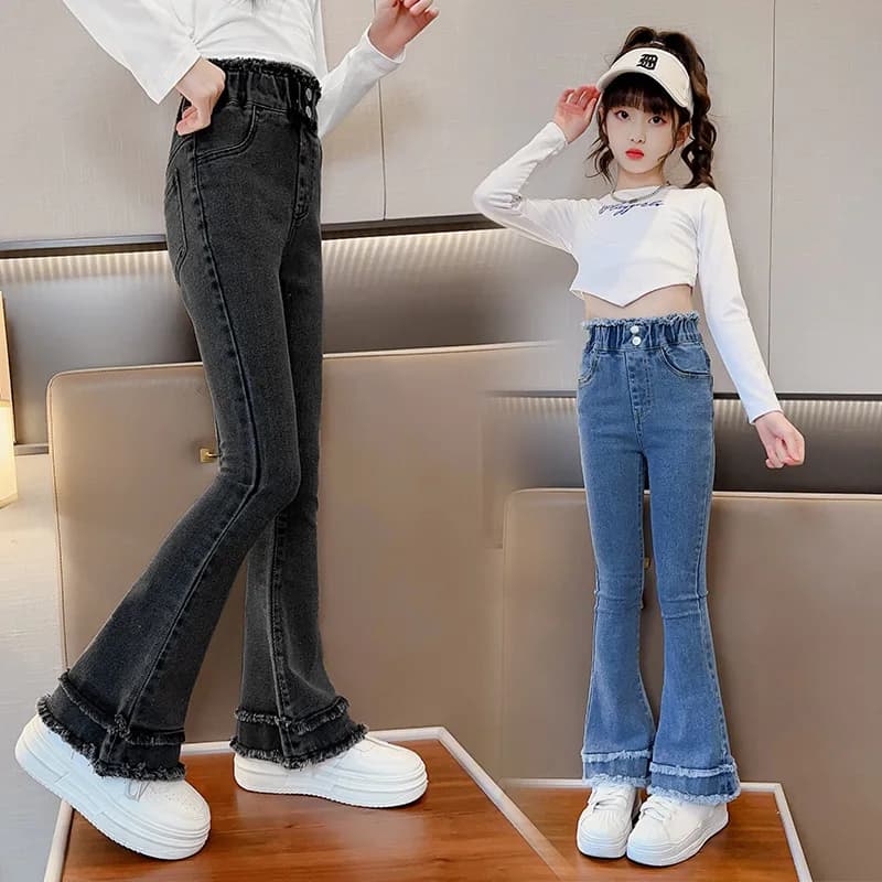 2026 RETRO SPRING winter Teenager Girls Jeans Children boot Pants high waist 4 5 7 8 9 10 11 12 Years rough flare Trousers Kids
