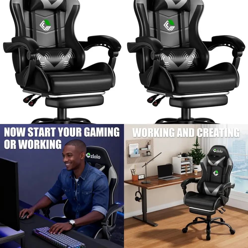 Sedia da Gaming Stile Racing con Poggiapiedi, Supporto Lombare, Massaggiatore, Gambe in Metallo, Schienale Alto Reclinabile, Poggiatesta, Rotazione a 360° ° Girevole, Grigio