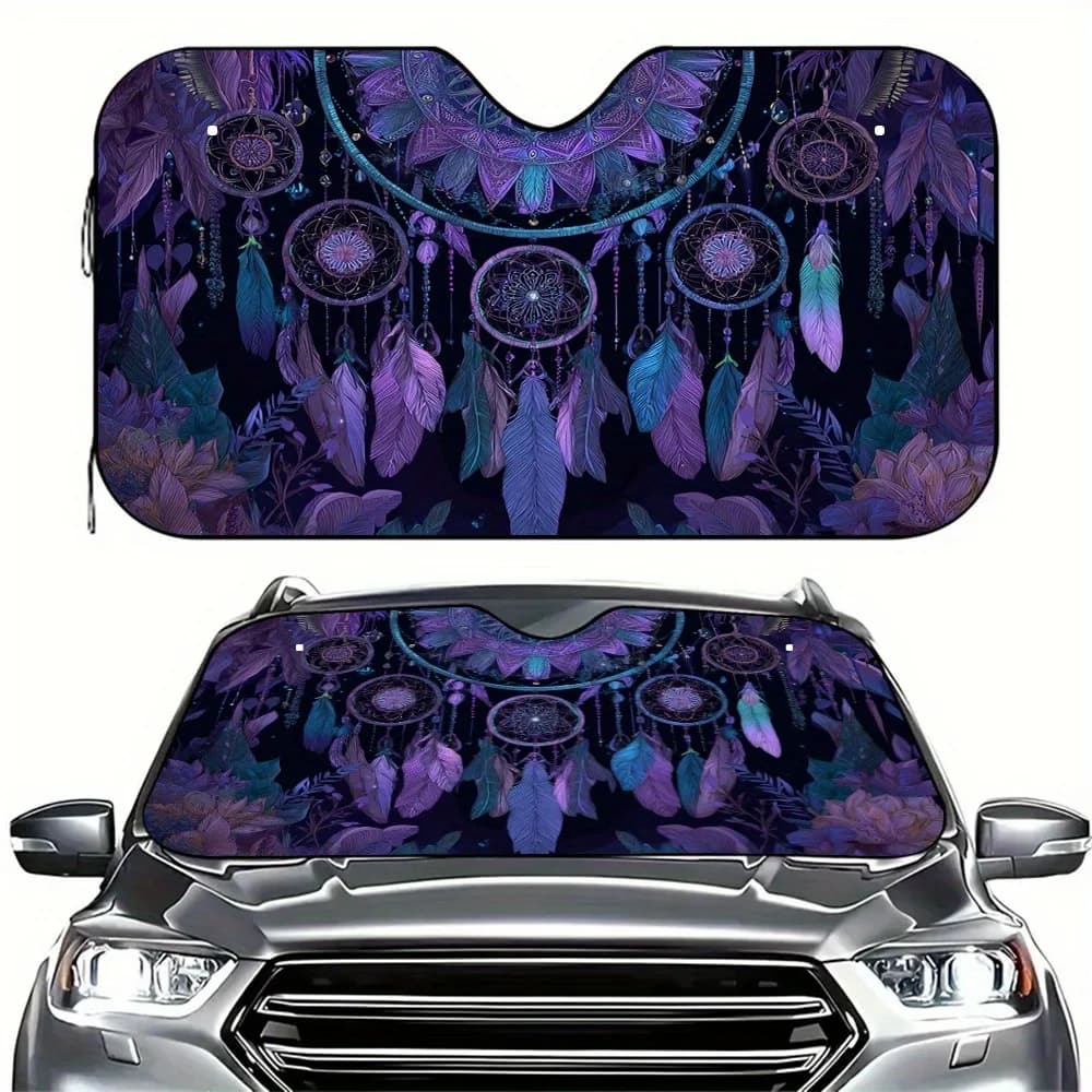 1pc Dreamcatcher Dreamscape Windshield Sunshade & Foldable Car Cover - UV Protection & Heat Reflective, Vibrant Blue/Purple/Teal