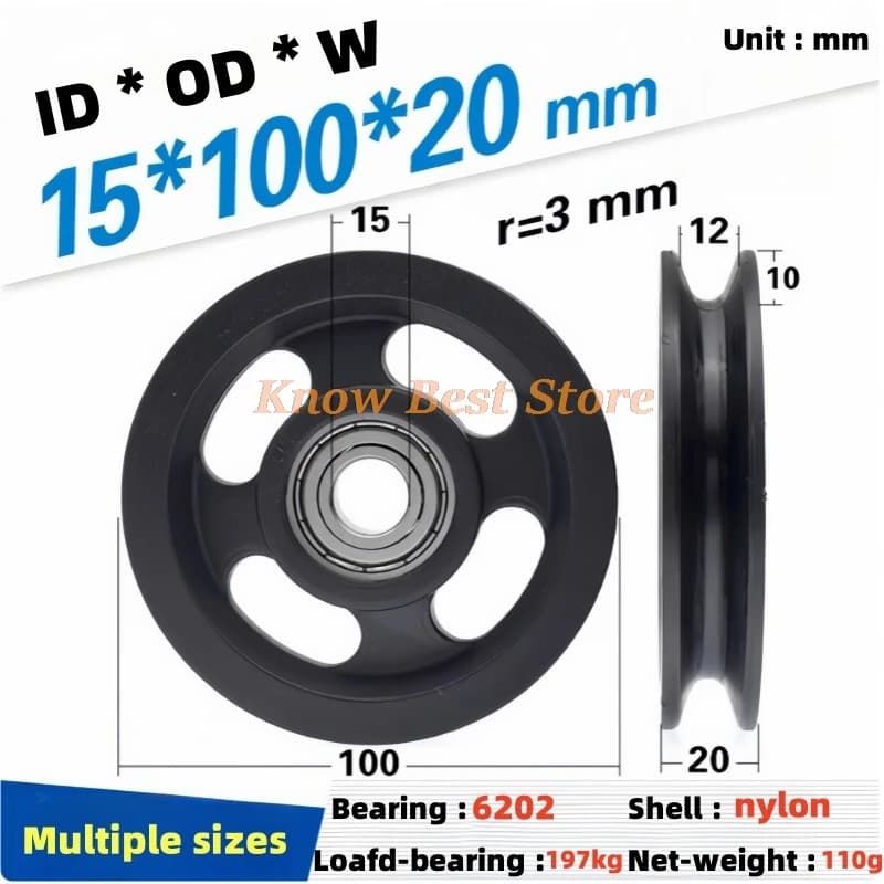 4Pcs 10-15x100x20mm Pulley 6202 Shaft Contracting Plastic Nylon Wheel 10cm Rolling Steel Wire Rope U-Groove Guide Wheel