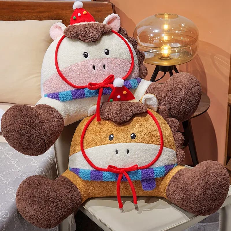 Adorable Plush Horse Brown With Red Party Hat And Colorful Pompoms Striped Scarf Blue Purple Soft Toy Delightful Collectible