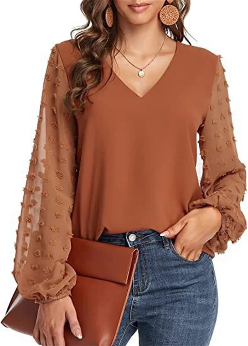Elegant Chiffon blouse with hot sleeves of British style comfortable knitting shirt Pullover with V-neck woman wide top