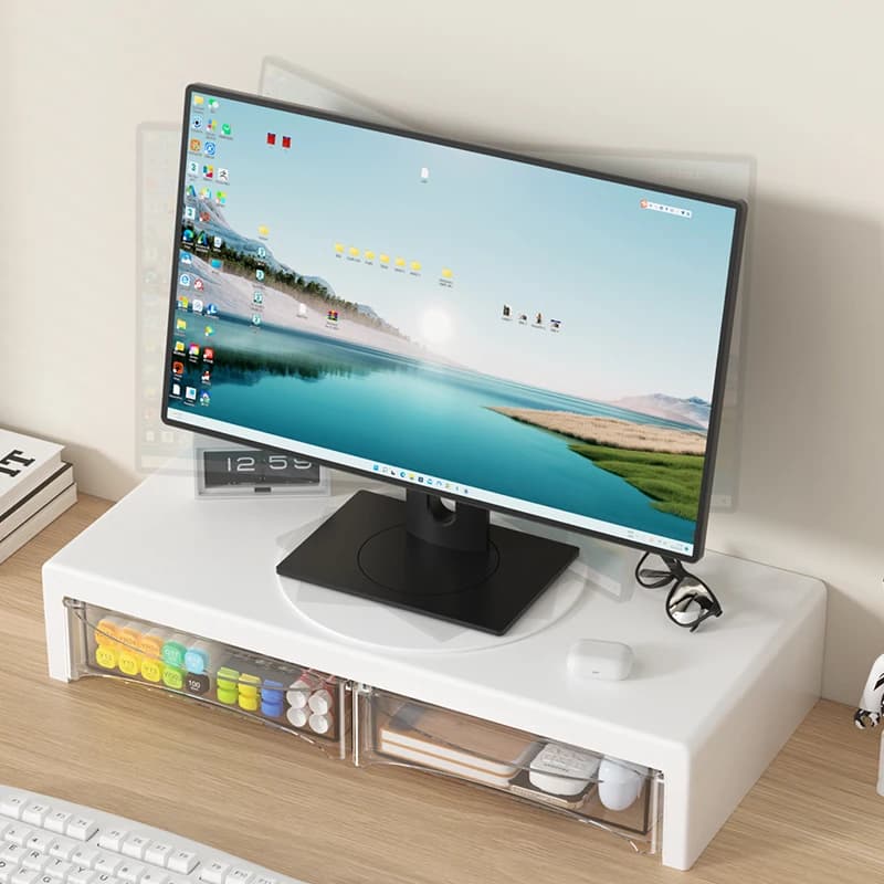 Supporto per monitor a 2 livelli, supporto per monitor in plastica con cassetto, rack di archiviazione da tavolo, adatto per uso domestico e in ufficio