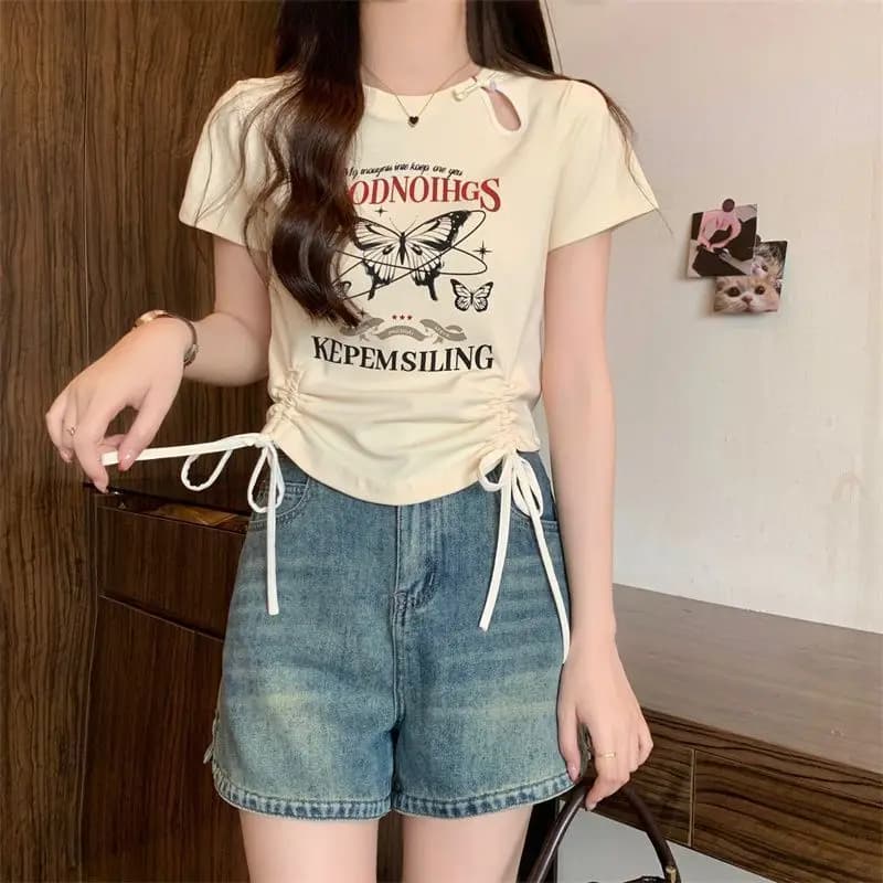 Chinese Style Short Sleeve T-Shirt Women's Summer New Print Drawstring High Waist Top Fashionable Casual round Neck