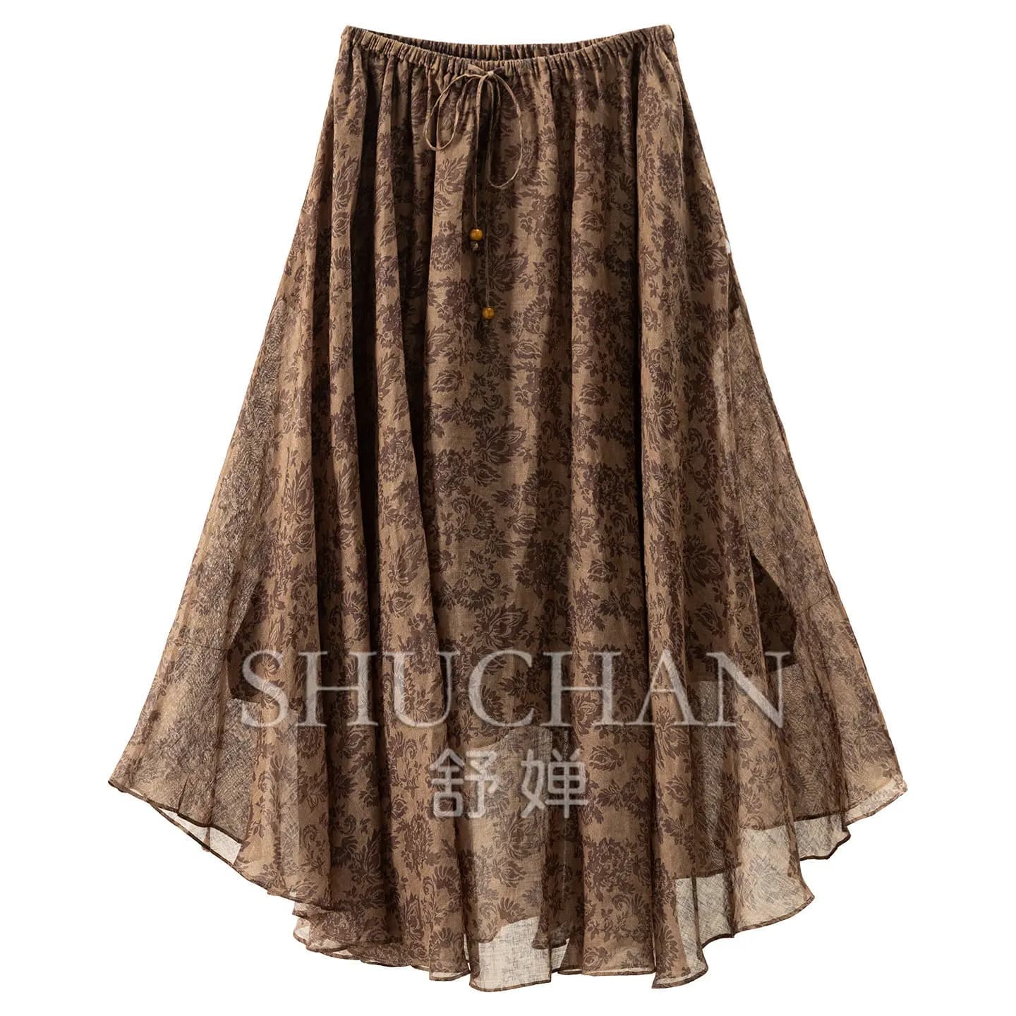 Skirt High Waist Wooden Bead Drawstring 4 Meters Fan Pendulum Ramie Skirt Female 67M6