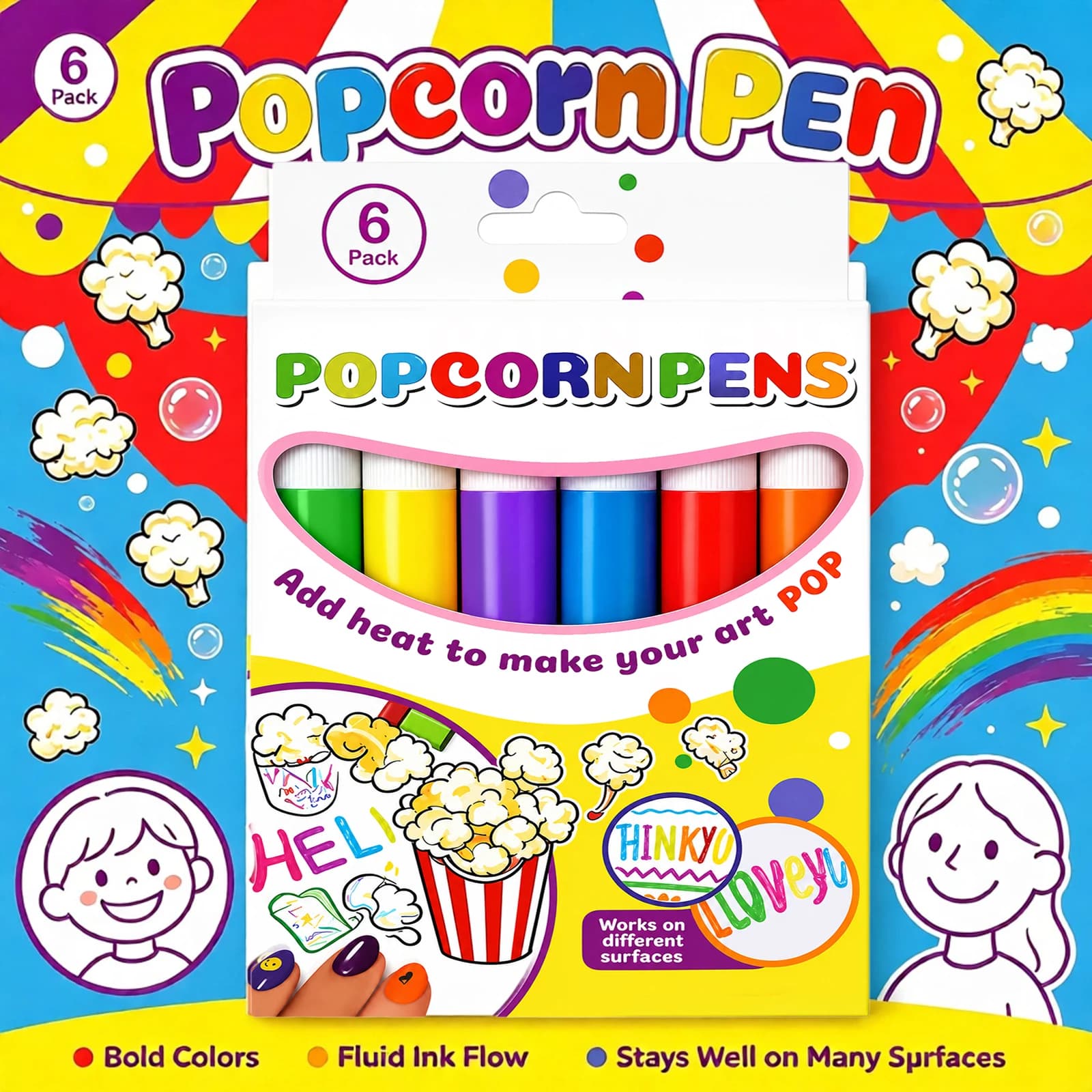 6PCS Popcorn Pens for DIY Crafts Multi Surface Bubble Pen 3D Art Pen Drawing Marker Creative Handcraft Graffiti Tool Toy Gift