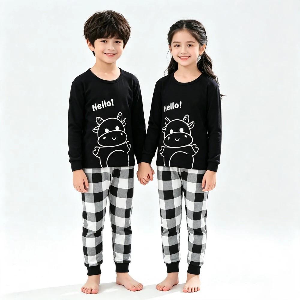 Children Nightwear Pajama Set Soft Pure Cotton Long Sleeve Cartoon Animal Print Homewear Boys Girls Autumn Loungewear Sleep Suit