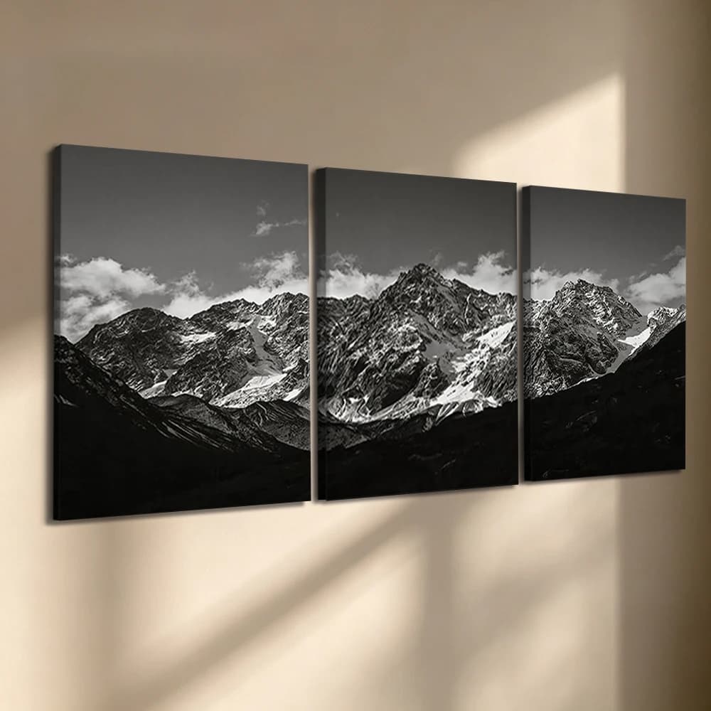 3pcs/Set Wooden Frame Canvas Wall Art, Black and White Snow Mountain Landscape, Living Room Bedroom Kitchen Office Home Decor