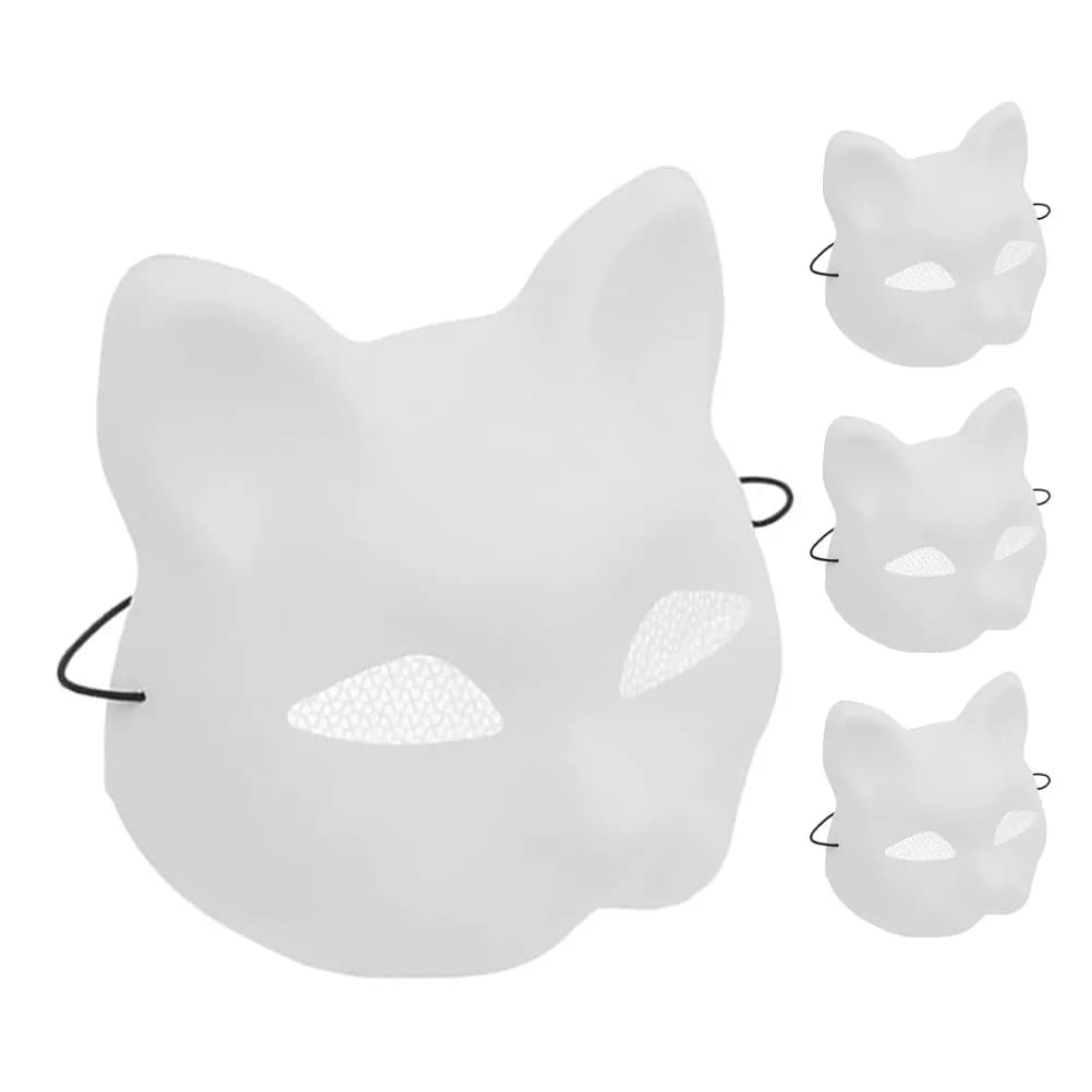 4Pcs Cat Face Masks White Matte Breathable Mesh Paintable DIY Halloween Masquerade Plastic Cat Mask Craft Mask
