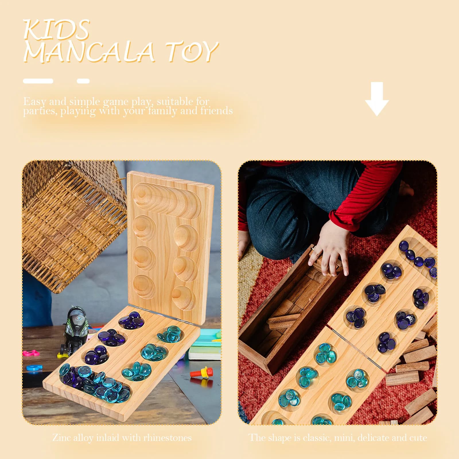 Set da Gioco Mancala in Legno Pieghevole con Pietre Preziose, Gioco di Logica Leggero e Portatile