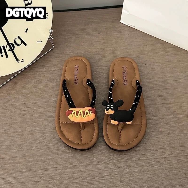 Funny Cartoon Hot Dogs and Sausages Dog Versatile Polka Dot Ladies Flat Flip-flops Cat and Fish Flat Heel Slippers for Girls