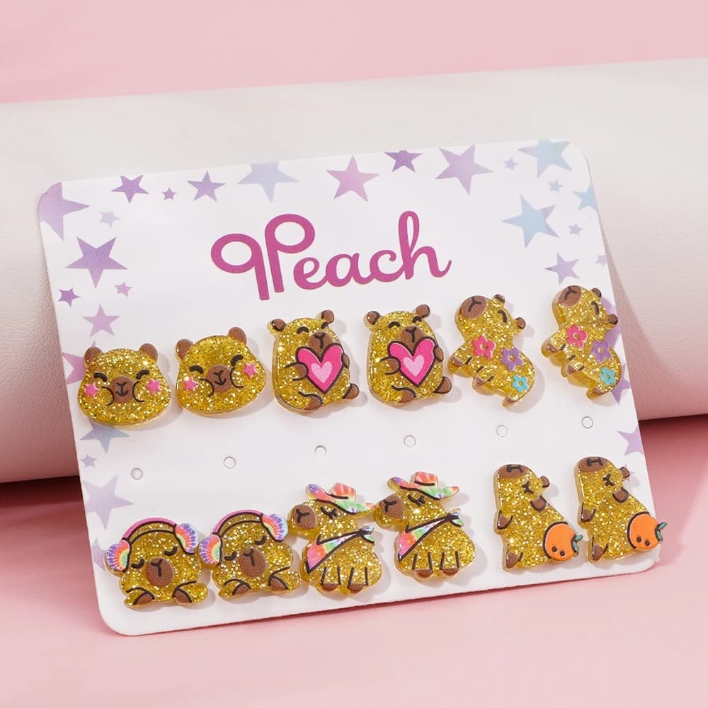 12 pezzi/set orecchini a bottone principessa capibara simpatico cartone animato per set di gioielli da donna