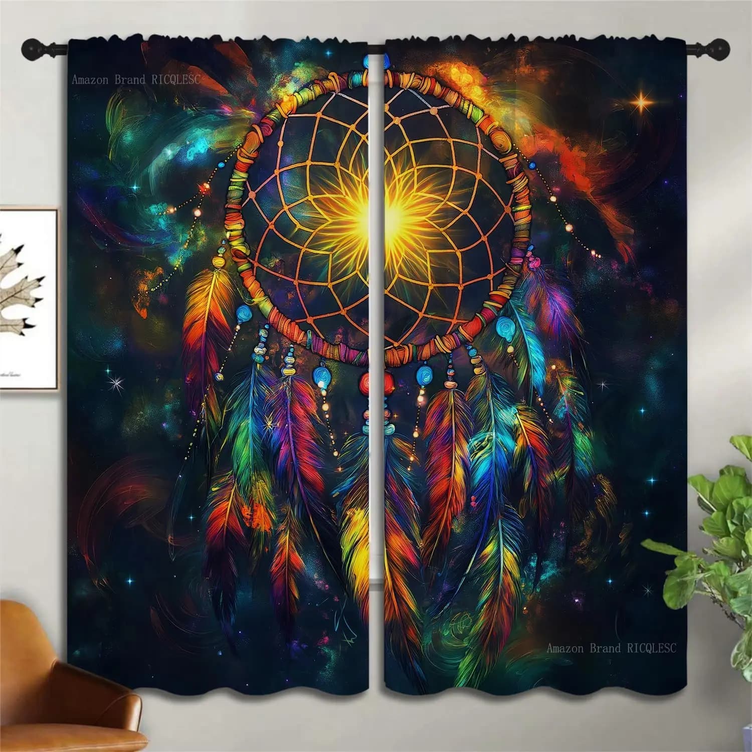 Boho Dream Catcher Boy Girls Blackout Curtains,Indian Bohemian Mandala Colorful Feather Dreamcatcher, 2 Panel Rod Pocket Thermal