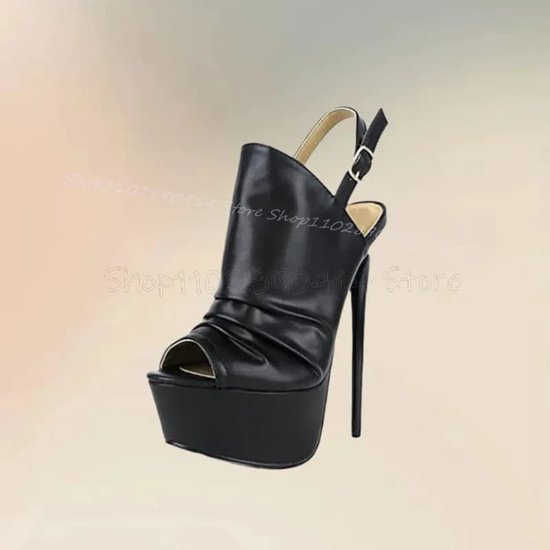 Sandali Neri con Plateau e Design Plissettato, Punta Aperta, Cinturino alla Caviglia, Scarpe da Donna con Tacco Alto Sottile, Moda 2025, Zapatos Para Mujeres