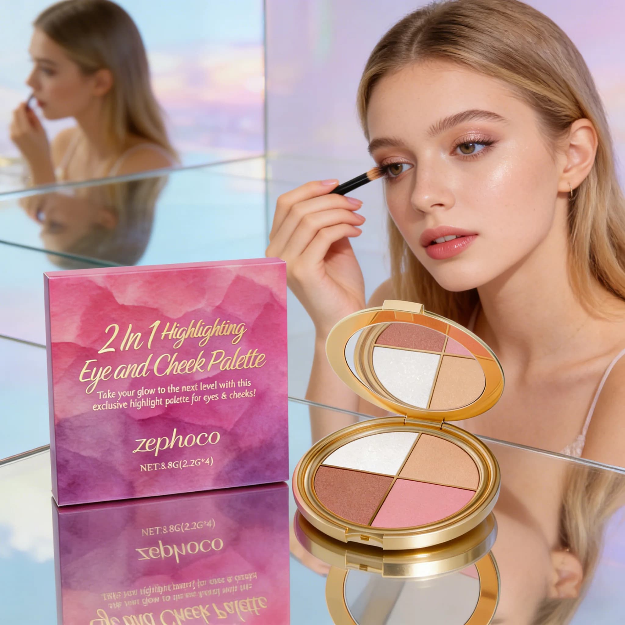 Palette Viso 3-in-1 Altamente Pigmentata: Illuminante in Polvere Fine, Ombretto Shimmer, Blush Setoso - Palette Multifunzionale Illuminante