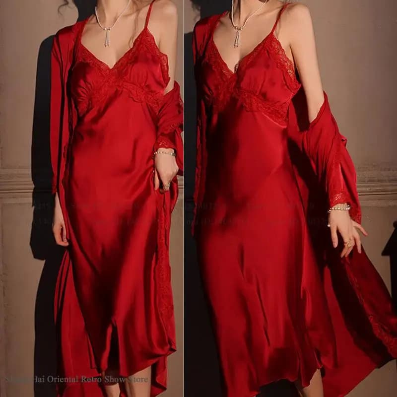 SEXY Long Wedding Dress Night Shirt 2 pieces Set Elegant Ice Silk Kimono Bathrobe Summer Spring Dress New Women Nightwear Home Dress