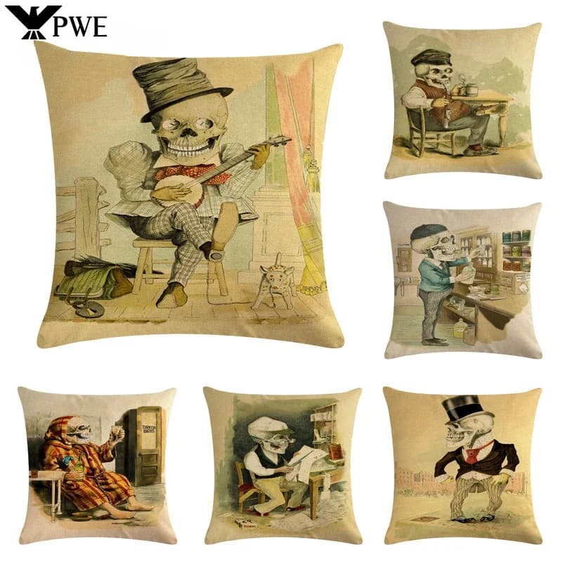Federa in lino con stampa teschio di cartone animato Fodera per cuscino decorativa per divano casual per feste di Halloween 45 * 45 cm