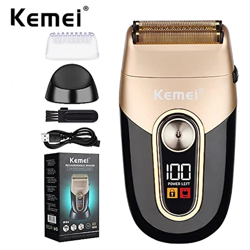 Electric Shaver Kemei with Double Blade, Precision Trimmer for Barba, Waterproof, Wireless Rechargeable for Man