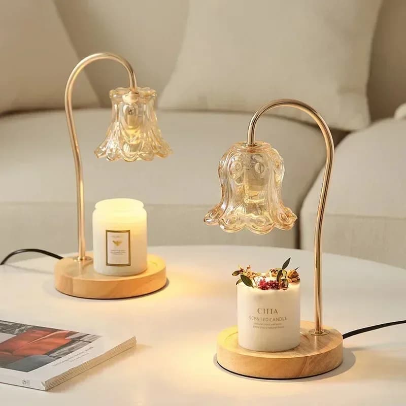 Lampada scaldacera 2 lampadine Luminosità morbida Lampada per cera per aromaterapia Crea lampada moderna a candela con fiore in vetro Lampada da tavolo ambientale più calda
