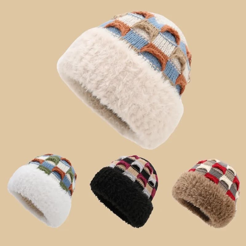 Women's Beanie Hat Autumn Winter Warmth Pullover Cap Fashion Versatile Colorful Patchwork Thickened Knitted Cap