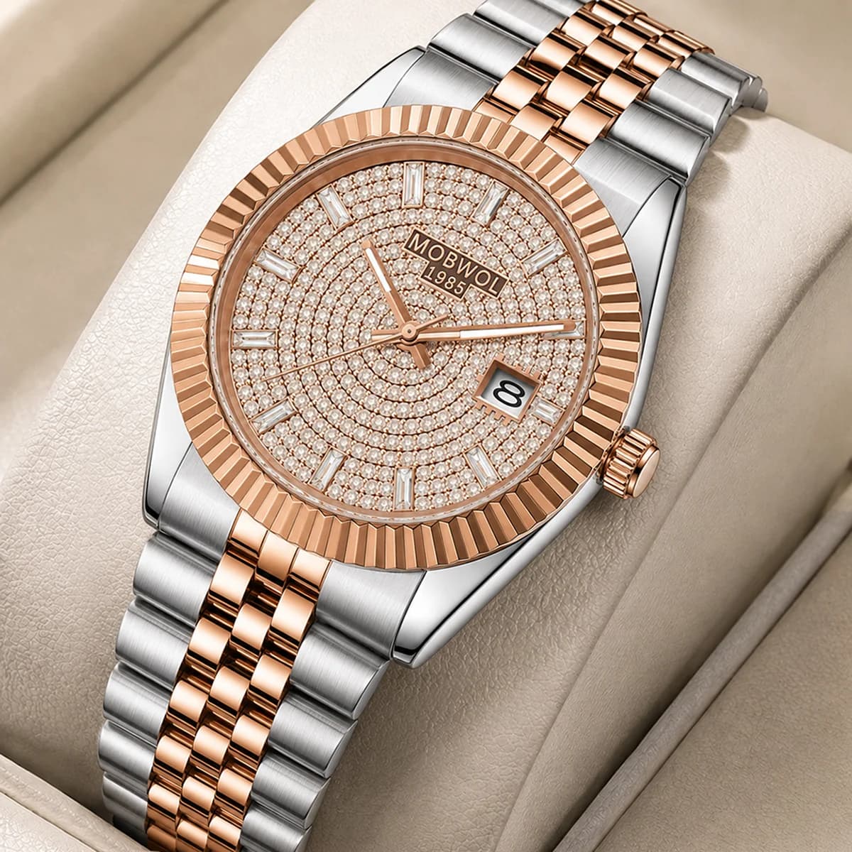 MOBWOL Men's Luxury Quartz Watch Stainless Steel Rose Gold Silver Luminous Hands Calendar 30M Men's Wristwatch