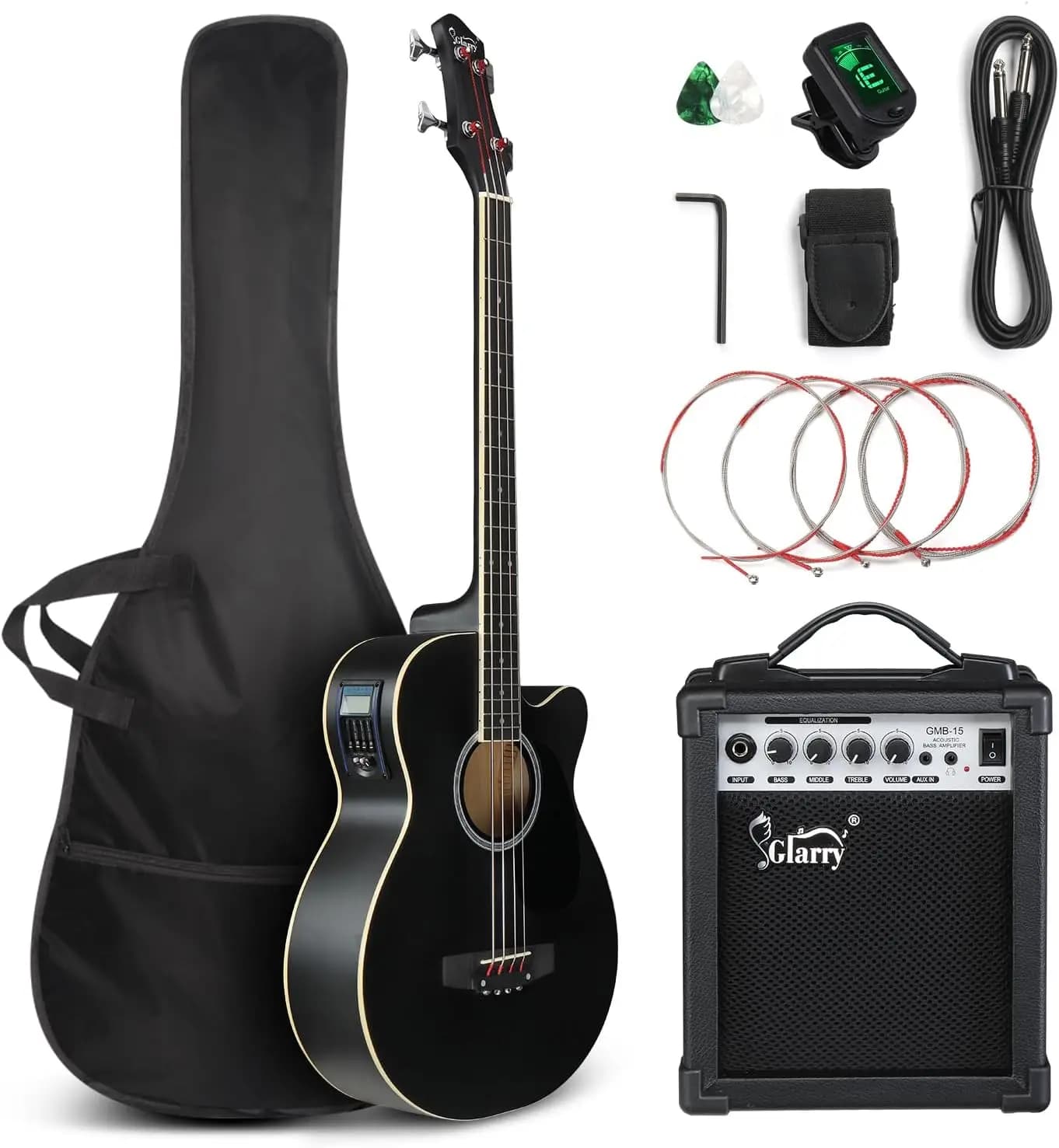 Acoustic Electric Bass Guitar Beginner Kit Full Size with 15W Amp, Cutaway 4-String Bass w/ Built-in Tuner, Includes Gig Bag, Strap, Picks, Extra Strings, Matte Black Finish