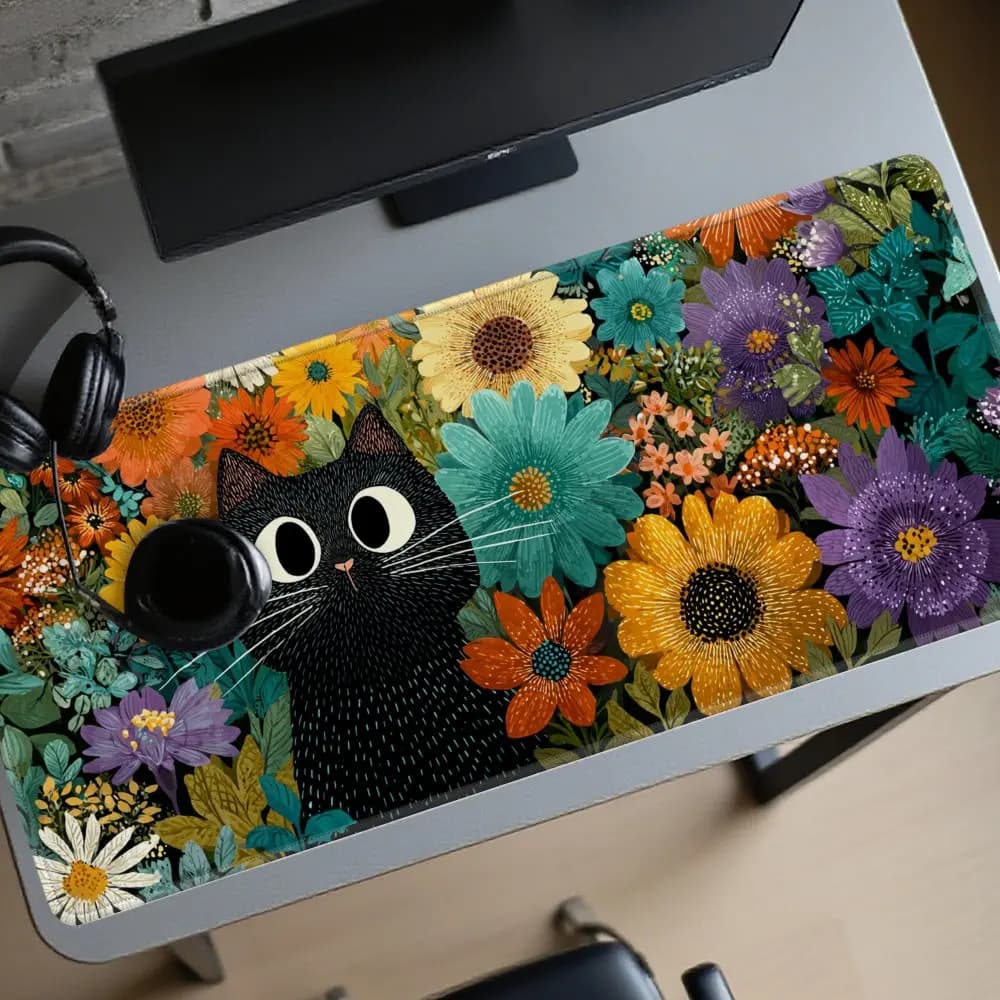 Tappetino per mouse da gioco esteso con gatto nero in giardino floreale, tappetino da scrivania in gomma antiscivolo per PC, laptop, postazione di lavoro