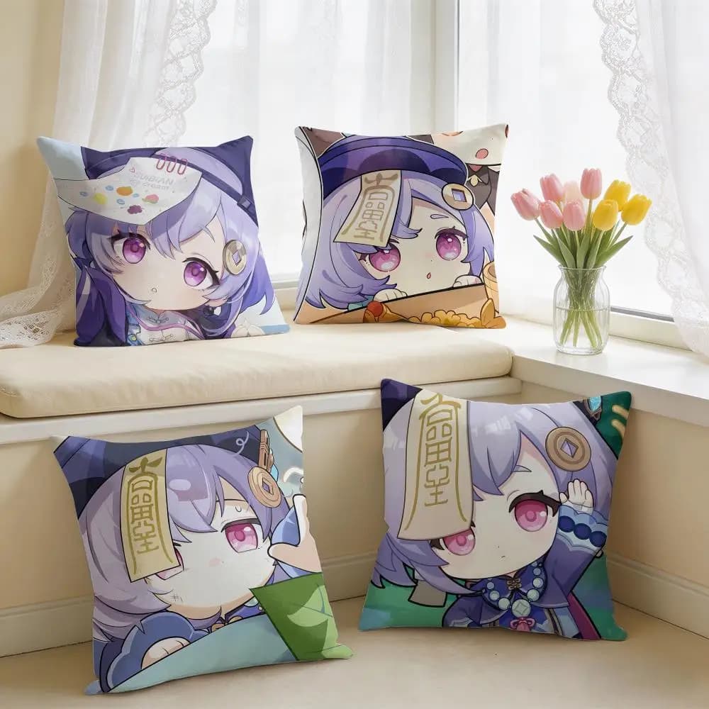 Qiqi Cute Genshin Impact Cushion Cover Square Short Plush Pillow Case Living Room Sofa Home Decor Funda 40X40
