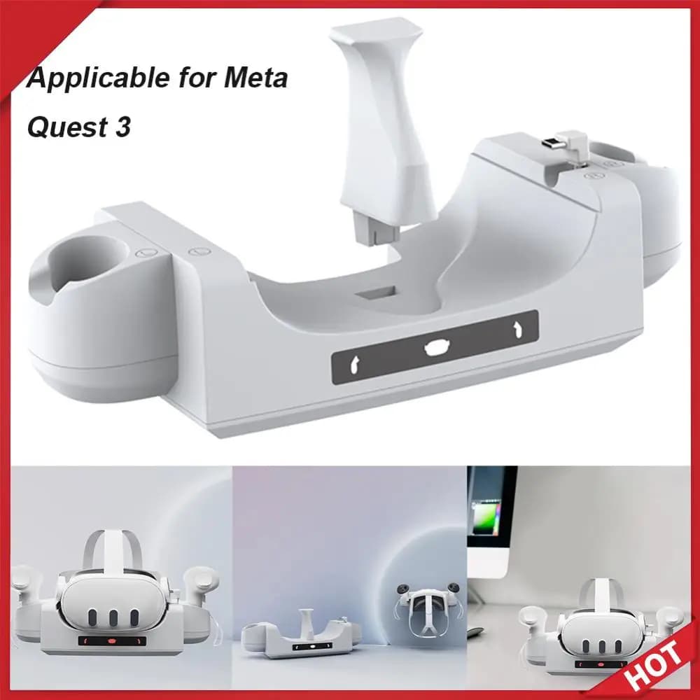 Stazione di Ricarica VR per Caricare Controllori e Visore Contemporaneamente, Base di Ricarica VR Antiscivolo con Indicatore Luminoso per Meta Quest 3