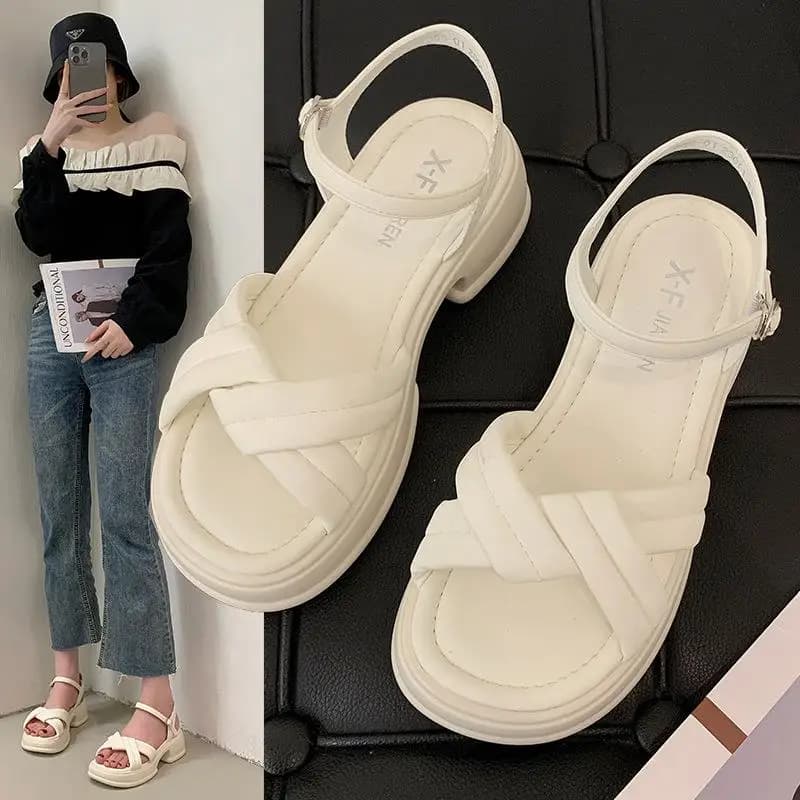 Fashionable Thick Heel Sandals Women's Cross Toe Strap Slip-On Casual Shoes PU Lined Rubber Outsole Summer New Arrival