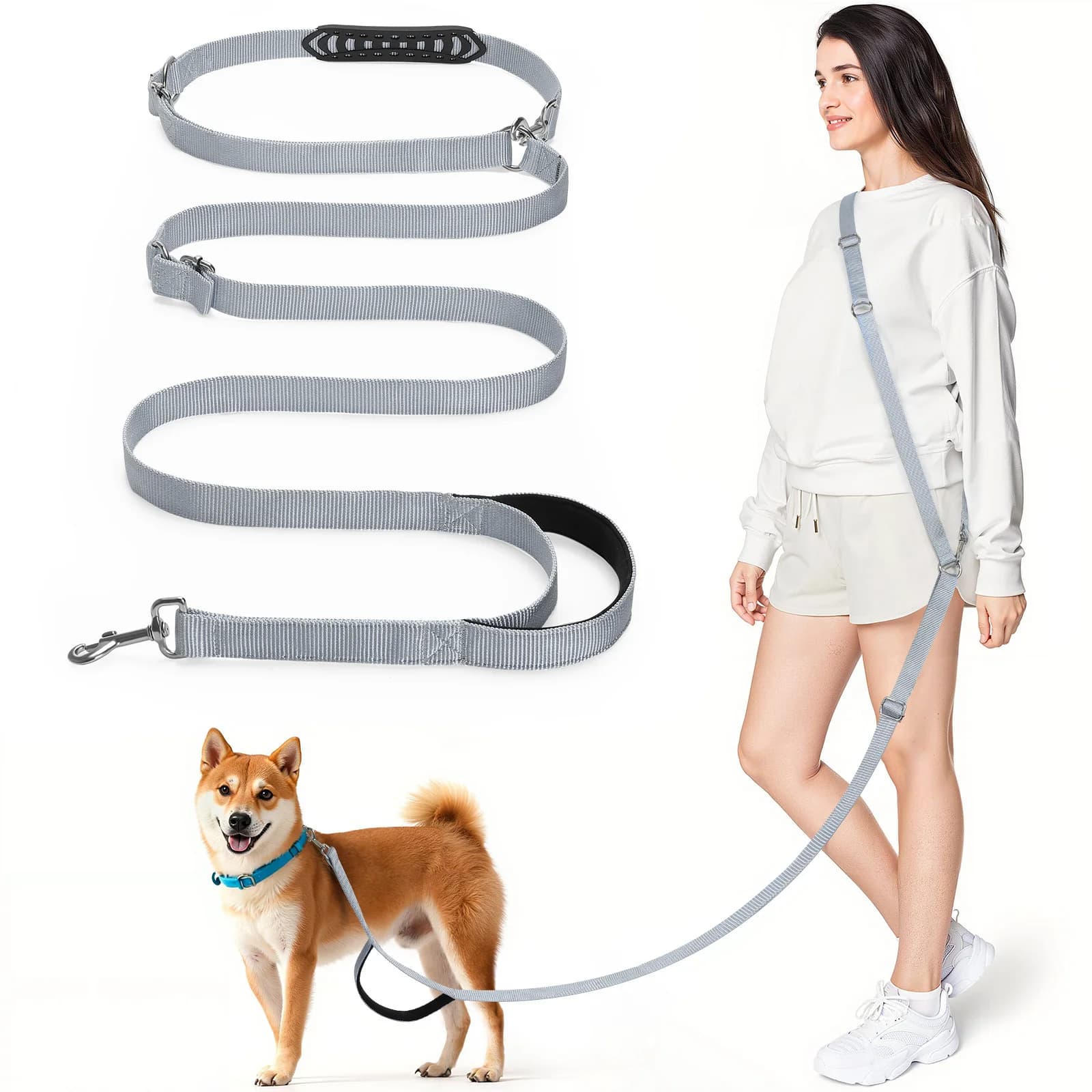 Tivray Guinzaglio per cani a mani libere con manico in spugna Guinzaglio versatile a tracolla da 8,5 piedi con 3 anelli per guinzaglio per cuccioli per passeggiate