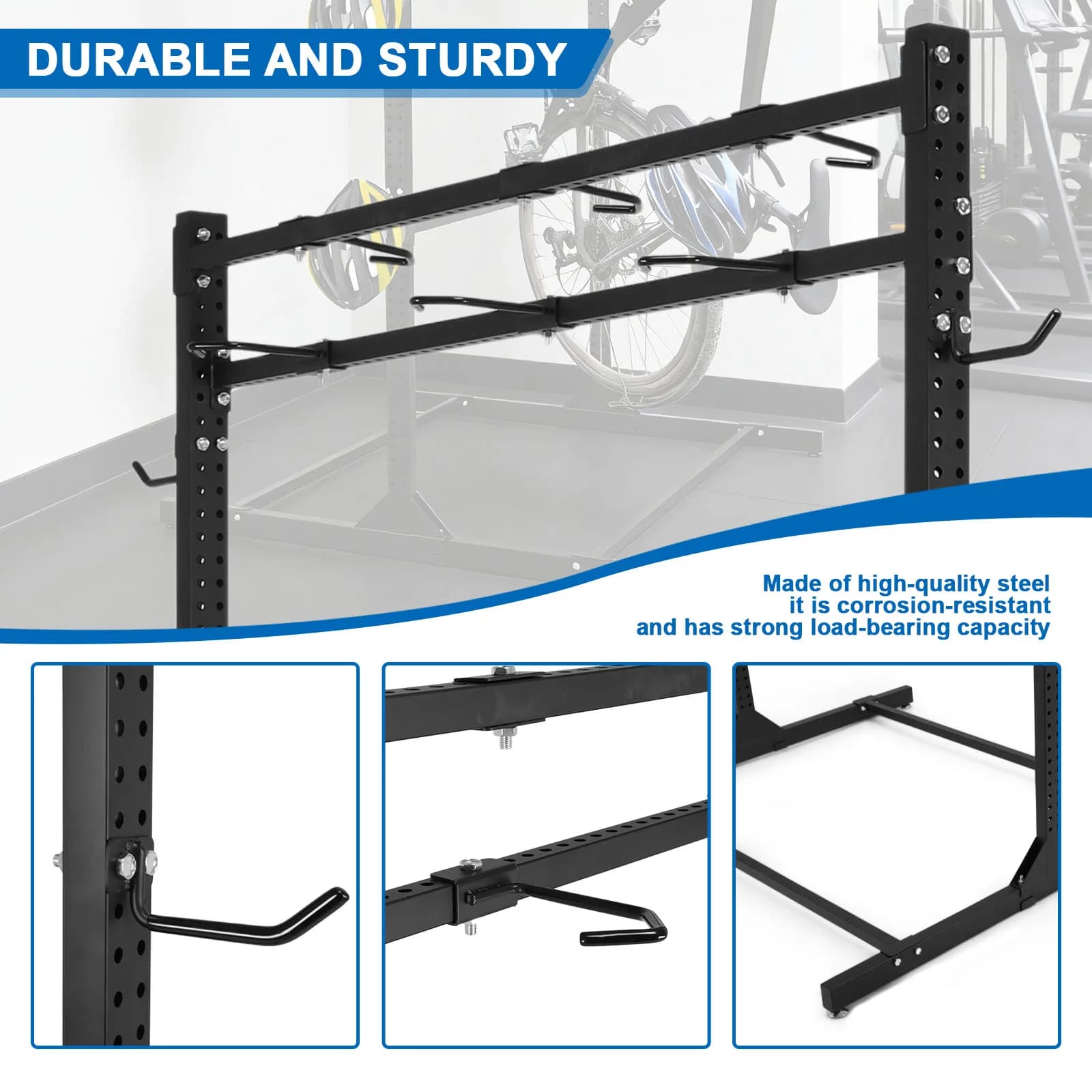 Support for self-supporting bikes with adjustable hooks, durable, carrying up to 6 bikes and 6 helmets, for road bikes and MTB