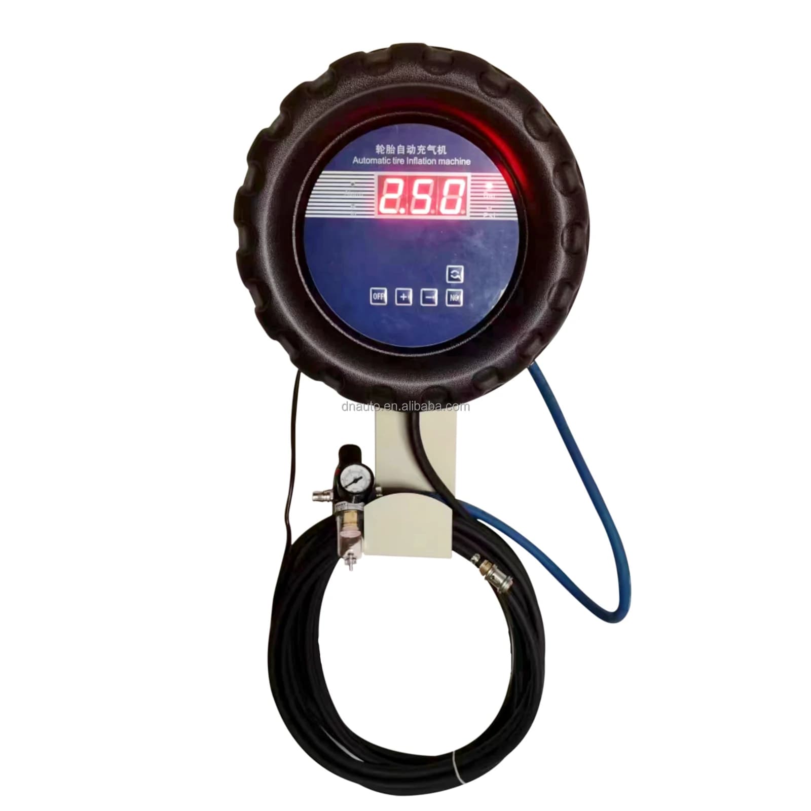 Pompa d'aria digitale automatica a parete con display per gonfiaggio pneumatici, per officine e uso industriale.