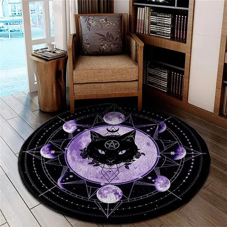 Tappeto Rotondo Gotico con Gatto e Capra Satanici, Tappetino con Motivo Estetico Scuro a Forma di Trono, Antiscivolo e Lavabile per Arredamento Casa