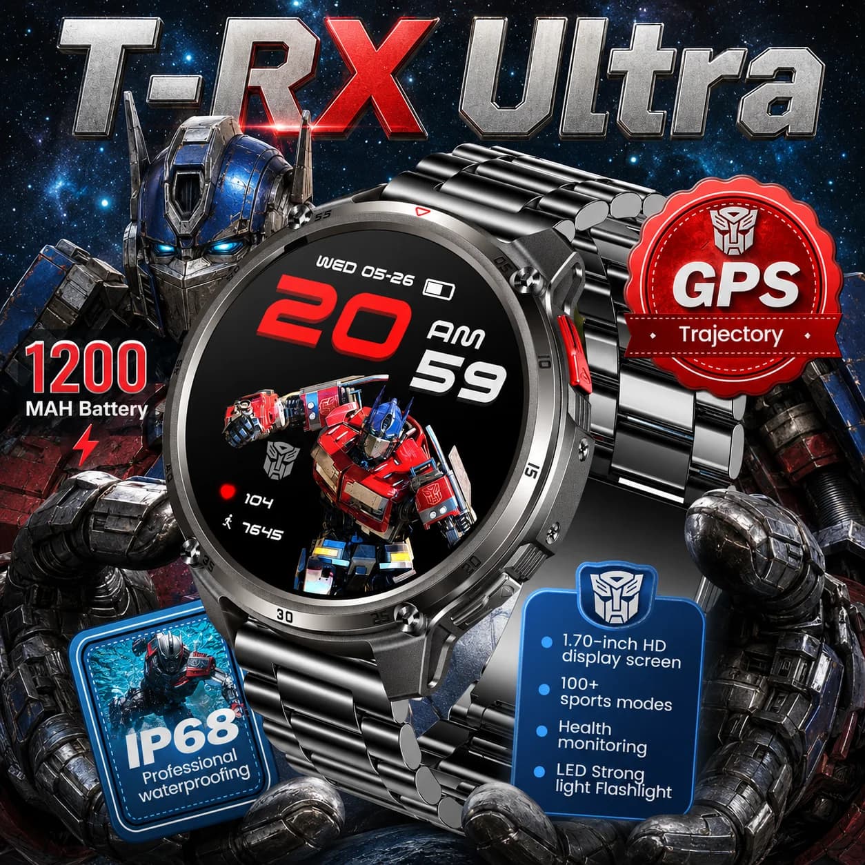 New Original T-RX Men Sports Smart Watch 1200mAh Big Battery Flashlight IP68 Waterproof Global BT Call 1.7”HD Screen Smartwatch