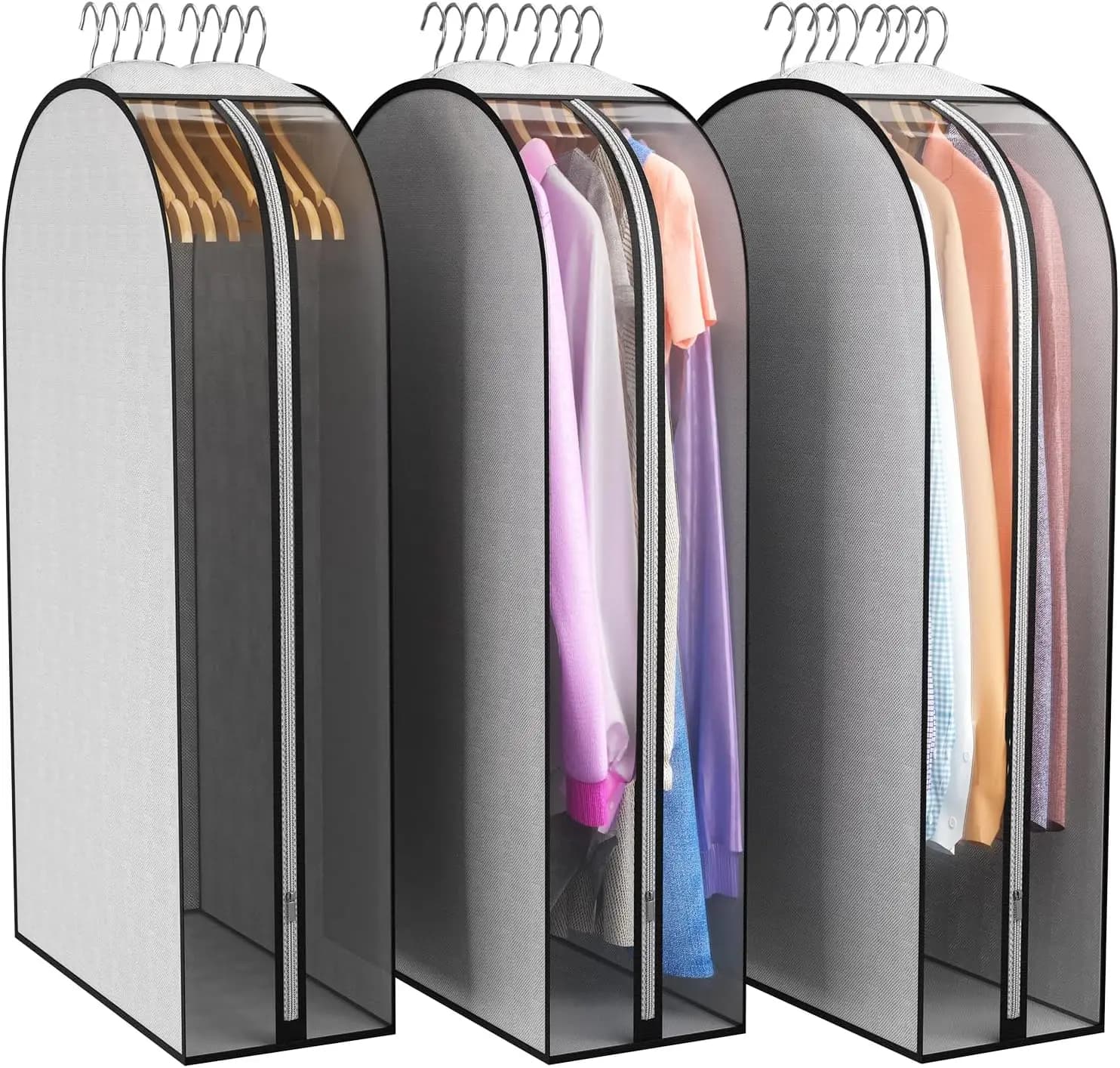10" Gusseted Garment Bags 3-Pack - Clear Side, Breathable Fabric, 40" Long for Coats, Suits, Dresses, Jackets - Grey