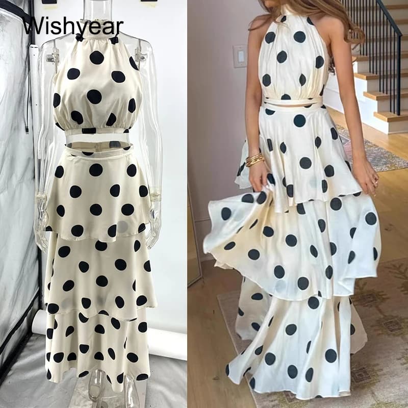 Wishyear Set da 2 pezzi stampato a pois Gilet senza maniche slim fit Top corto con volant e gonna Abito a strati Abito da compleanno