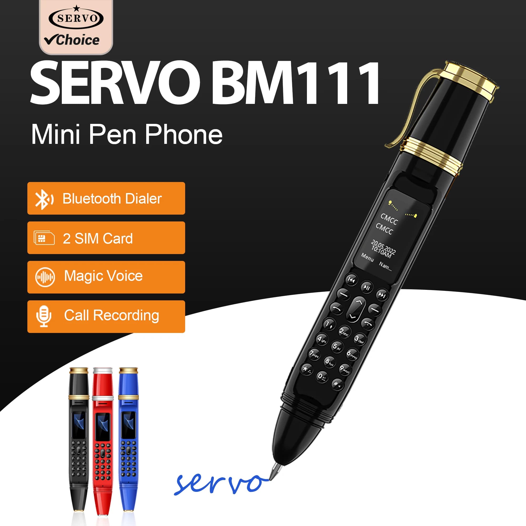 SERVO BM111 Pen Style Mini ventola per telefono cellulare 2 SIM Card Magic Voice Radio FM Quadrante Bluetooth 2G GSM Pen Fan Allarme telefono portatile