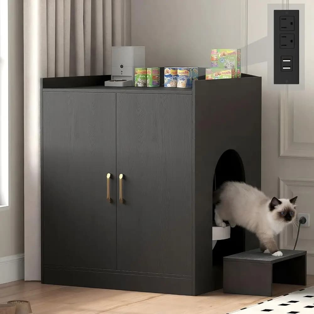 Large Black Cabinet Litter Box Enclosure with Charging Station for Self-Cleaning Robot 3 & 4, Suitable for Senior Cats