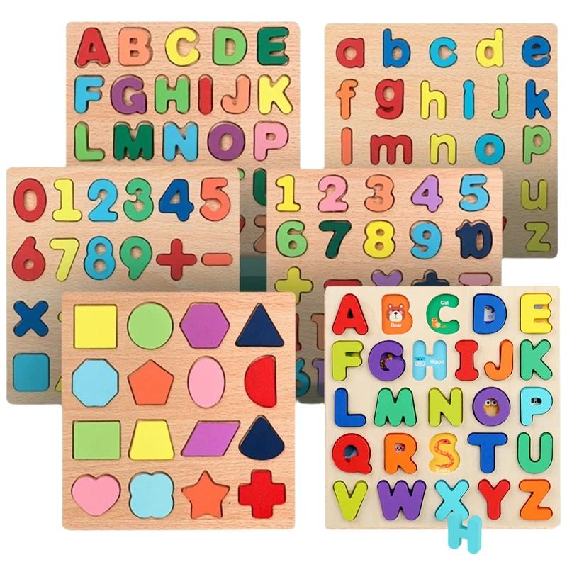 Alphabetical Number Arithmetic for Kids Geometric Shapes Wooden Puzzle Montessori Educational Game for Preschool Learning Toy for Kids