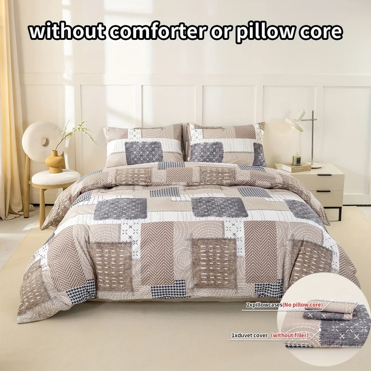 Set Copripiumino Patchwork Quadrato Beige Stampato, Traspirante e Super Morbido, Adatto a Tutte le Stagioni, Include 1 Copripiumino e 1-2 Federe