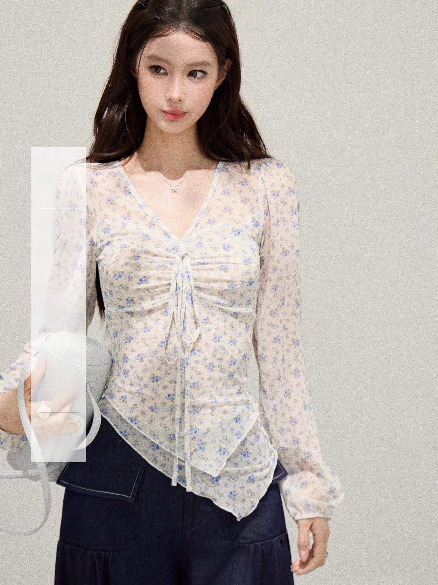 T-shirt casual a maniche lunghe da donna con scollo a V e pieghe, design primaverile, stile coreano, stampa floreale, top Not Meat Xie Bu